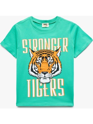 Koton Yeşil Renkli Kaplan Baskılı Kısa Kollu Pamuklu Tişört Erkek Çocuk İçin Rahat Tasarım