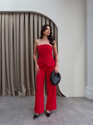 Esra Helvacı Cep Detaylı Straplez Pantolon Takım