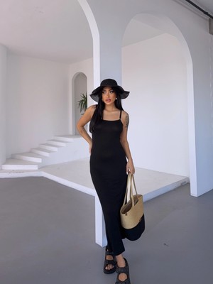 Kadın Siyah Ayarlanabilir Askılı Midi Boy Elbise HZL25S-FRY122921