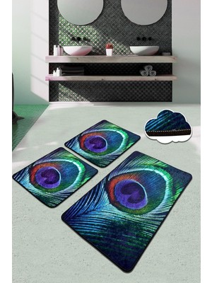 Chilai Home Peacock 3'lü Set Banyo Halısı Paspas Yıkanabilir Kaymaz Taban Klozet Takımı Djtbanyo