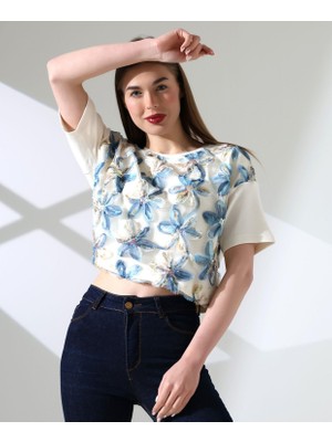 ribana Çiçek Tül Detaylı Nakışlı Kadın Bluz T-Shirt Bisiklet Yaka Dokuma Günlük Kalıp