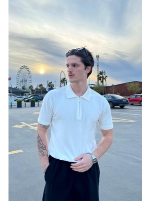 Fermuarlı Çizgi Dikiş Ekru Triko Tişört