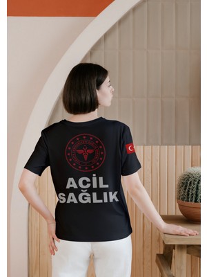 112 Acil Sağlık Kadın Siyah T-Shirt %100 Pamuk Rahat Kalıp Bisiklet Yaka