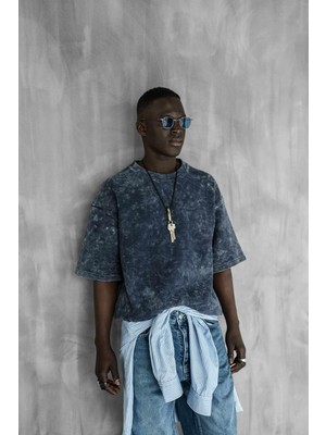 Erkek Desenli Waffle Kumaş Yıkamalı Oversize T-Shirt Mavi