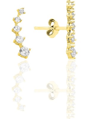 Gümüş Altın Yaldızlı Zirkon Taşlı Beş Taşlı Vidalı Küpe SGTL12552GOLD