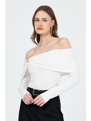 Rays Beyaz Kayık Yaka Uzun Kollu Kadın Bluz 1465