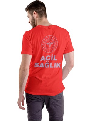 112 Acil Sağlık Erkek Kırmızı T-Shirt %100 Pamuk Rahat Kalıp Bisiklet Yaka