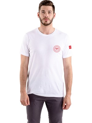 112 Acil Sağlık Erkek Beyaz T-Shirt %100 Pamuk Rahat Kalıp Bisiklet Yaka