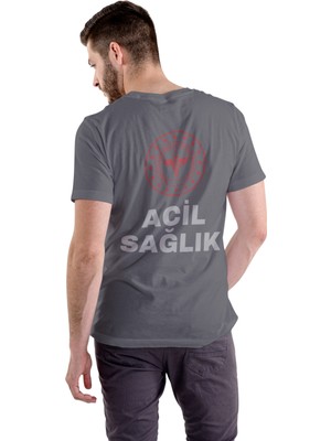 112 Acil Sağlık Erkek Antrasit T-Shirt %100 Pamuk Rahat Kalıp Bisiklet Yaka