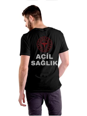 112 Acil Sağlık Erkek Siyah T-Shirt %100 Pamuk Rahat Kalıp Bisiklet Yaka