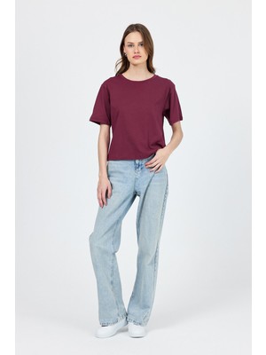 Rays Bordo Bisiklet Yaka %100 Pamuk Relaxed Fit Tişört 2142M