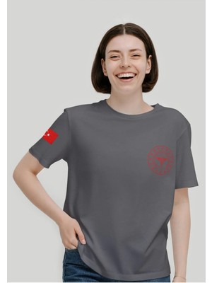 112 Acil Sağlık T-Shirt Antrasit Kadın %100 Pamuk Rahat Kalıp Bisiklet Yaka