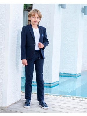 Erkek Çocuk Lacivert Takım Elbise Keten Spor Takım Ceket Pantolon Tişort 3-14 Yaş