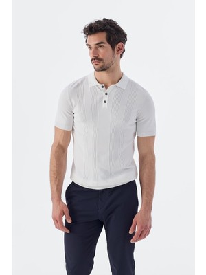 Jakamen Beyaz Slim Fit Desenli Polo Yaka T-Shirt