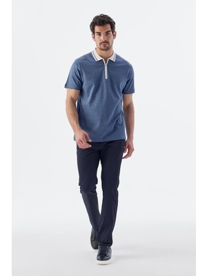 Jakamen Mavi Slim Fit Fermuarlı  Pamuk Polo Yaka T-Shirt