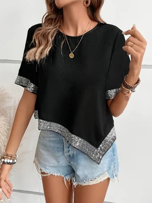 Alinn Butikk Kadın Kısa Kollu Bisiklet Yaka Asimetrik Kesim Detaylı Pul Payetli Krep Bluz