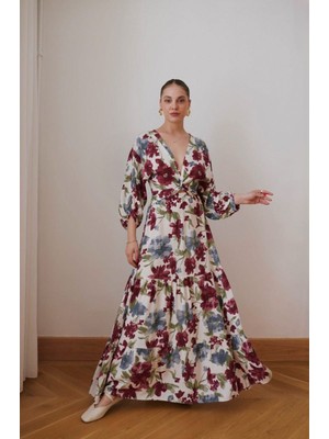 BRTC design Kadın Çok Renkli Önü Düğüm Dekolte Detaylı Beli Lastikli Çiçekli Elbise