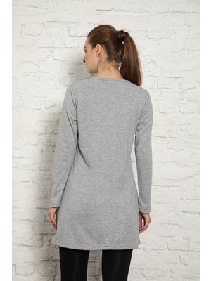 Kadın Gri Renkli Uzun Kol Bisiklet Yaka Penye Tunik SLM33