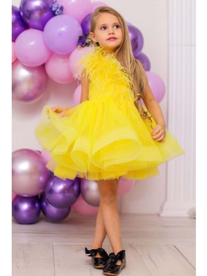 Kız Çocuk Omuzdan Göğse Tüylü Tek Omuz Eteği Kabarık Tüllü Sarı Abiye