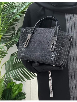 Krıste Bell 7423-T Timsah Siyah Rugan Orta Boy Kadın El Ve Omuz Çanta