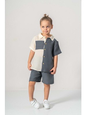Mnk Baby & Kids Müslin Kumaş Pamuklu Yazlık Şortlu Erkek Çocuk Takım M00733 Gri