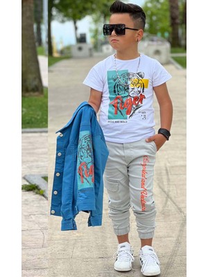 Riccotarz Erkek Çocuk Kaplan Detaylı T-Shirt Sırt Baskılı Mavi Jean Ceket Kargo Cepli Alt Üst Takım