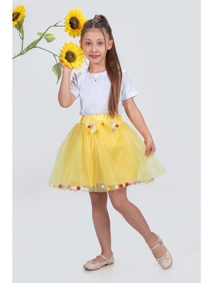 Ponpon Aksesuarlı Bayramlık Kız Çocuk Etek M00726 Sarı