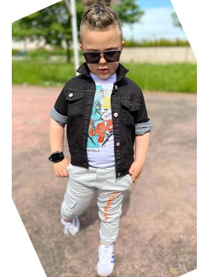 Riccotarz Erkek Çocuk Kaplan Detaylı T-Shirt Sırt Baskılı Siyah Jean Ceket Kargo Cepli Alt Üst Takım