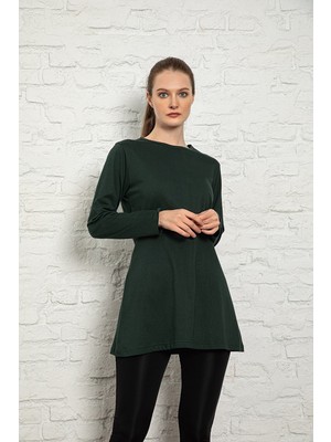 Kadın Nefti Renkli Uzun Kol Pamuklu Bisiklet Yaka Penye Tunik-Içlik SLM36