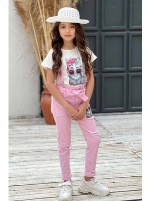 Kız Çocuk Üzeri Digital Baskılı T-Shirt Yırtmaç ve Kedi Detaylı Pembe Jean Salopet Takım