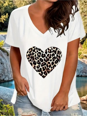 Woodroffe Kadın V Yaka Beyaz Siyah T-Shirt Baskılı Oversize Salaş