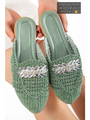 Slipcat Kadın Hasır Terlik Önü Kapalı Örgü Dantel Taş Detaylı Şık Yazlık Ev Plaj Tatil Terliği