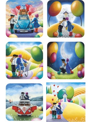 Sevimli Aşık Romantik Sevgililer Günü Hediye Vosvos Bisiklet Kalp Balon 6lı Ahşap Bardak Atlığı Seti