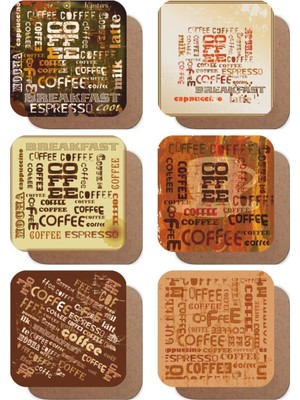 Coffee Kahve Yazılı Vintage Tarz 6lı Retro Ahşap Bardak Altlığı Seti