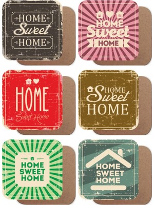 Home Sweet Home Evim Güzel Evim Temalı Ahşap Bardak Altlığı Seti  6lı