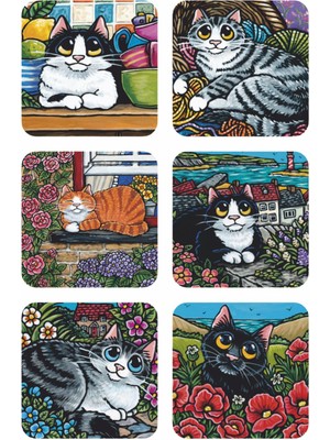 Renkli Çiçekler Kediler Mutfak Dekor 6lı Ahşap Bardak Altlığı Seti
