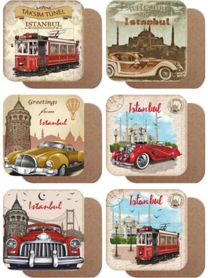 Istanbul Klasik Arabalar Tramvay Temalı 6lı Ahşap Bardak Altlığı Seti