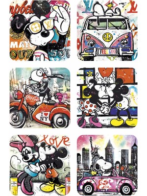 Snopy Mickey Mouse Minnie Mause Çizgi Film Genç Çocuk Retro Ahşap 6lı Bardak Altlığı Seti