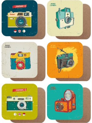 Retro Fotoğraf Makineleri 6lı Ahşap Bardak Altlığı Seti