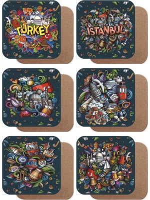 Istanbul El Çizimi Minyatürler Temalı 6lı Ahşap Bardak Altlığı Seti