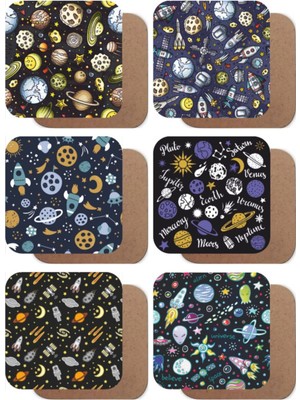 Yıldızlar ve Gezegenler, Uzay Temalı 6lı Ahşap Bardak Altlığı Seti