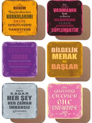 Duvar Yazıları Motivasyon Temalı 6lı Retro Ahşap Bardak Altlığı Seti