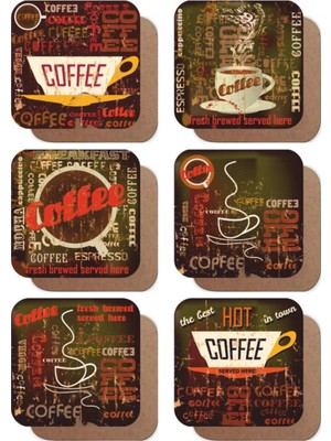 Retro Vintage Tarz Yazılı Kahve Temalı 6lı Retro Ahşap Bardak Altlığı Seti
