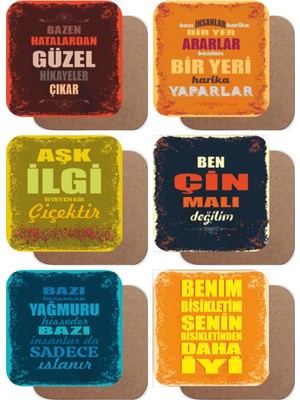 Komik Duvar Yazıları Temalı 6lı Retro Ahşap Bardak Altlığı Seti