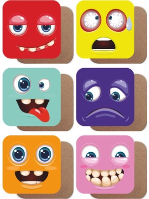 Emoji Tasarımlı 6lı Ahşap Bardak Altlığı Seti