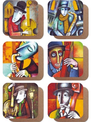 Müzisyenler Illüstrasyonu 6lı Retro Ahşap Bardak Altlığı Seti-1