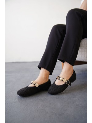 Kadın Venily Pullu Düz Babet - Siyah