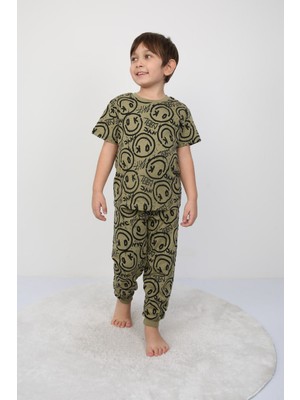 Erkek Çocuk Gülen Yüz Desenli Yazlık Pijama Takımı %100 Pamuk Süprem Penye 3-13 Yaş