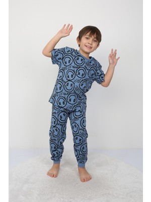Erkek Çocuk Gülen Yüz Desenli Yazlık Pijama Takımı %100 Pamuk Süprem Penye 3-13 Yaş