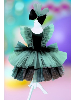 Kız Çocuk Kabarık Siyah Yeşil Tütü Doğum Günü Elbisesi